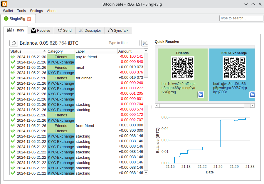 Screenshot Bitcoin Safe history main screen